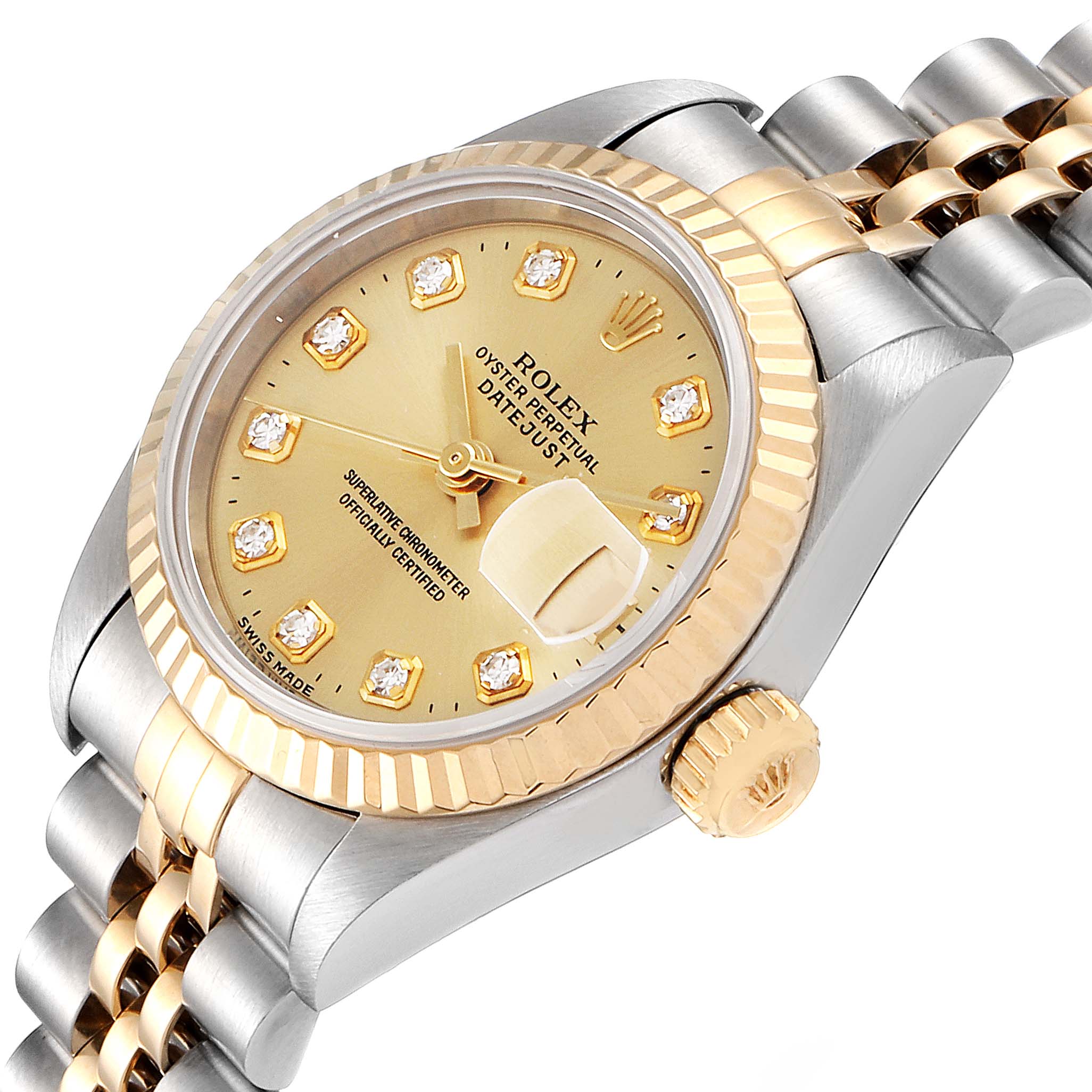 The image shows a close-up of a Rolex Datejust 69173 Women's Steel and Gold (two tone) Champagne Dial 69173 Women's Steel and Gold (two tone) Champagne Dial watch face, bezel, crown, and part of the Jubilee bracelet at an angled view.