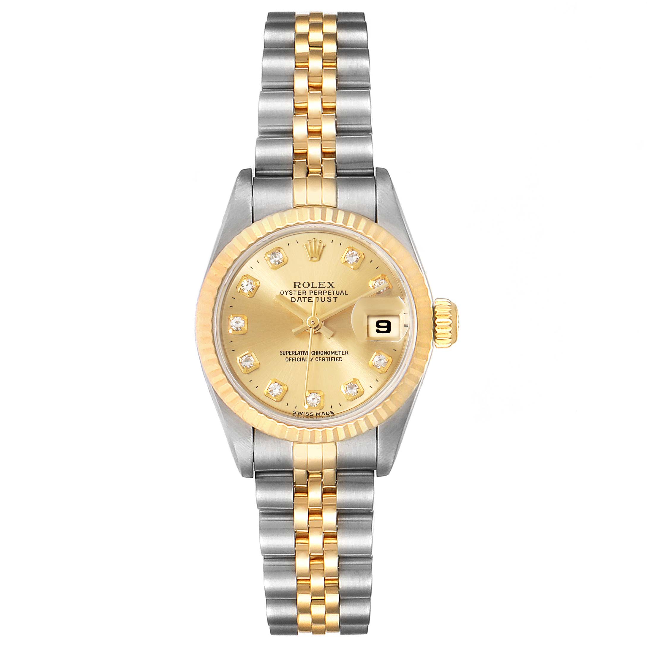 The image shows a Rolex Datejust 69173 Women's Steel and Gold (two tone) Champagne Dial 69173 Women's Steel and Gold (two tone) Champagne Dial watch from a top-down angle, highlighting its two-tone bracelet, gold dial, and diamond hour markers.