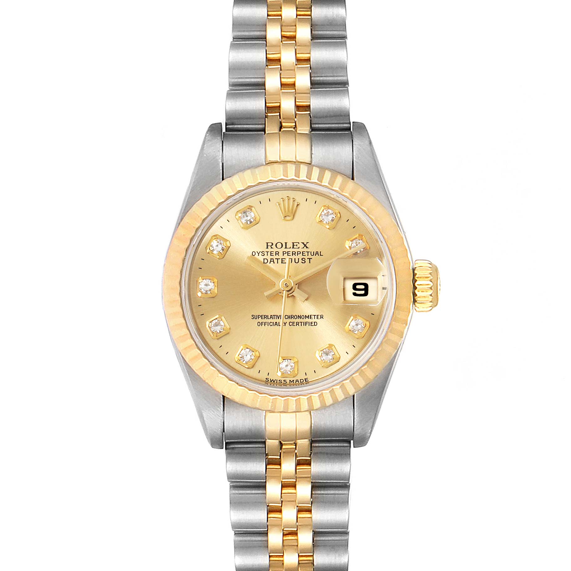 The image shows the front view of the Rolex Datejust 69173 Women's Steel and Gold (two tone) Champagne Dial 69173 Women's Steel and Gold (two tone) Champagne Dial watch featuring a two-tone bracelet and a gold dial with diamond hour markers.