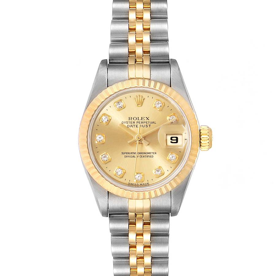 The image shows the front view of the Rolex Datejust 69173 Women's Steel and Gold (two tone) Champagne Dial 69173 Women's Steel and Gold (two tone) Champagne Dial watch featuring a two-tone bracelet and a gold dial with diamond hour markers.