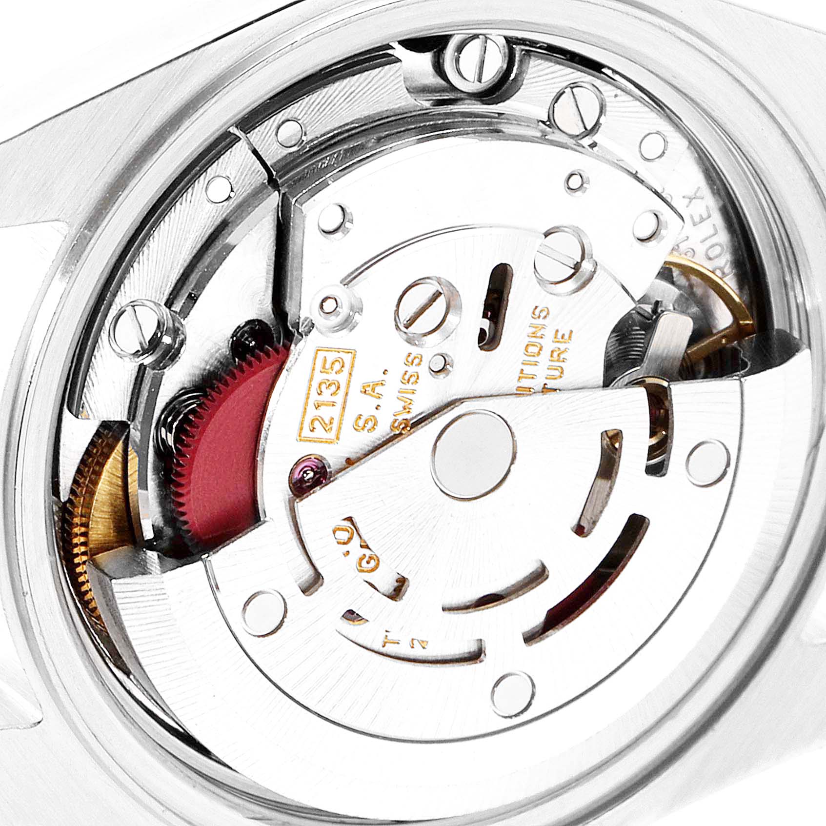 This close-up image shows the inner mechanical movement of the Rolex Datejust 69173 Women's Steel and Gold (two tone) Champagne Dial 69173 Women's Steel and Gold (two tone) Champagne Dial watch.