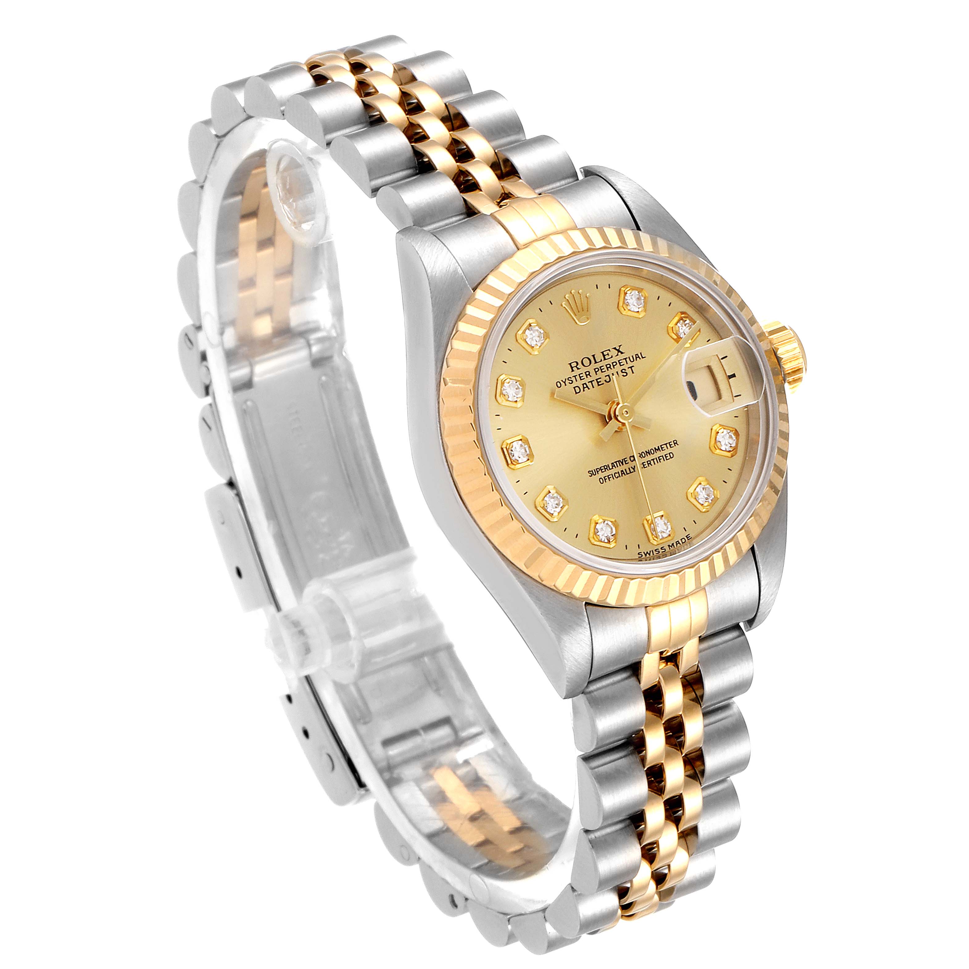 The image shows a Rolex Datejust 69173 Women's Steel and Gold (two tone) Champagne Dial 69173 Women's Steel and Gold (two tone) Champagne Dial watch from an angled side view, highlighting its dial, fluted bezel, crown, and bracelet.