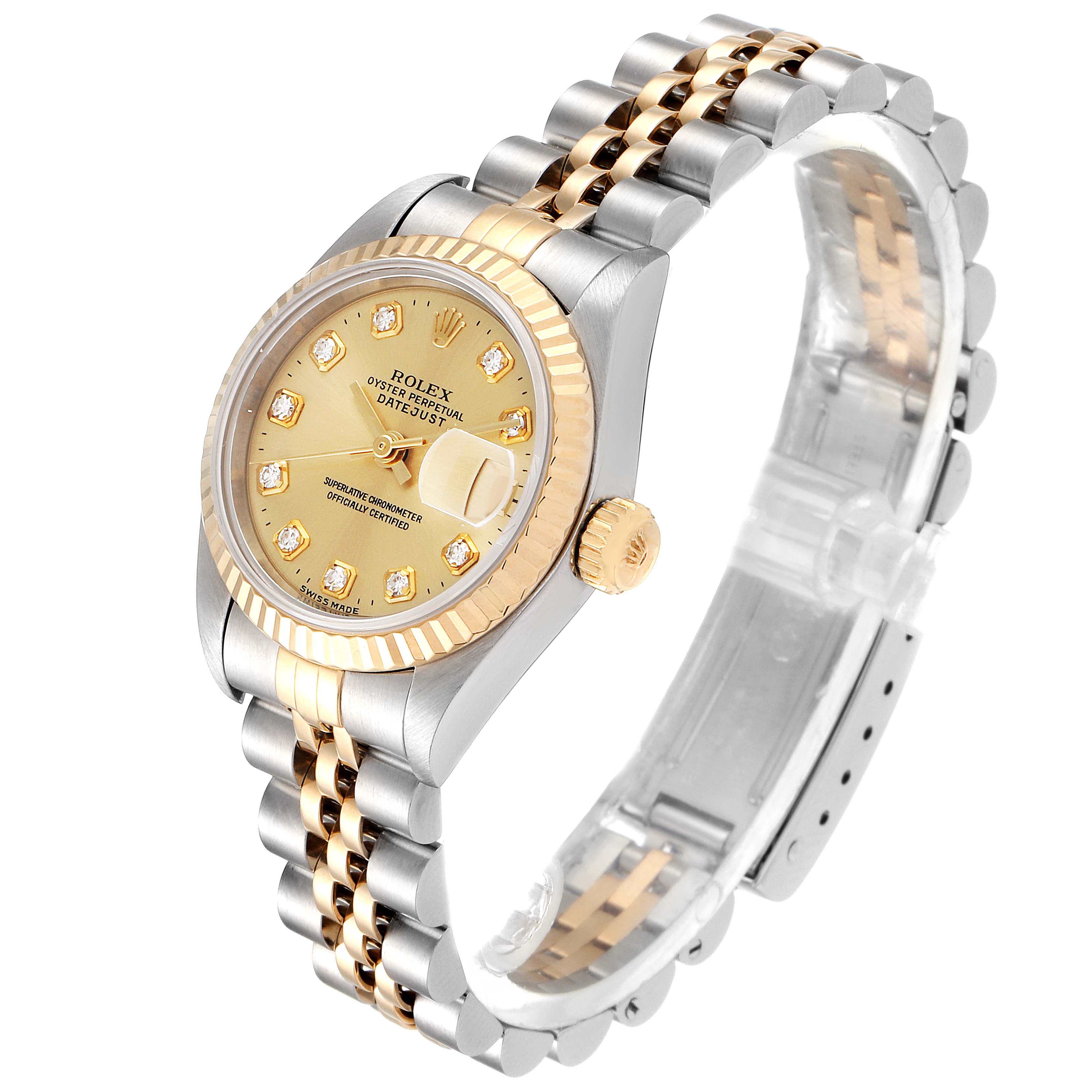 This image shows a Rolex Datejust 69173 Women's Steel and Gold (two tone) Champagne Dial 69173 Women's Steel and Gold (two tone) Champagne Dial watch viewed at an angle, highlighting its face, bezel, crown, and bracelet.