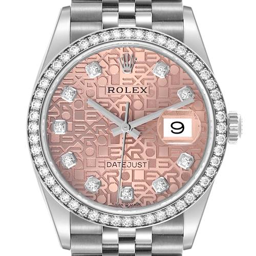 The Rolex Datejust 126284 Men's Stainless Steel Pink Dial 126284 Men's Stainless Steel Pink Dial is shown from a front angle, displaying the dial, bezel, crown, and part of the bracelet.