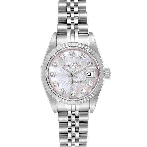 This image shows a front view of a Rolex Datejust 79174 Women's Stainless Steel Mother of Pearl Dial 79174 Women's Stainless Steel Mother of Pearl Dial watch, highlighting its face, bezel, and bracelet.