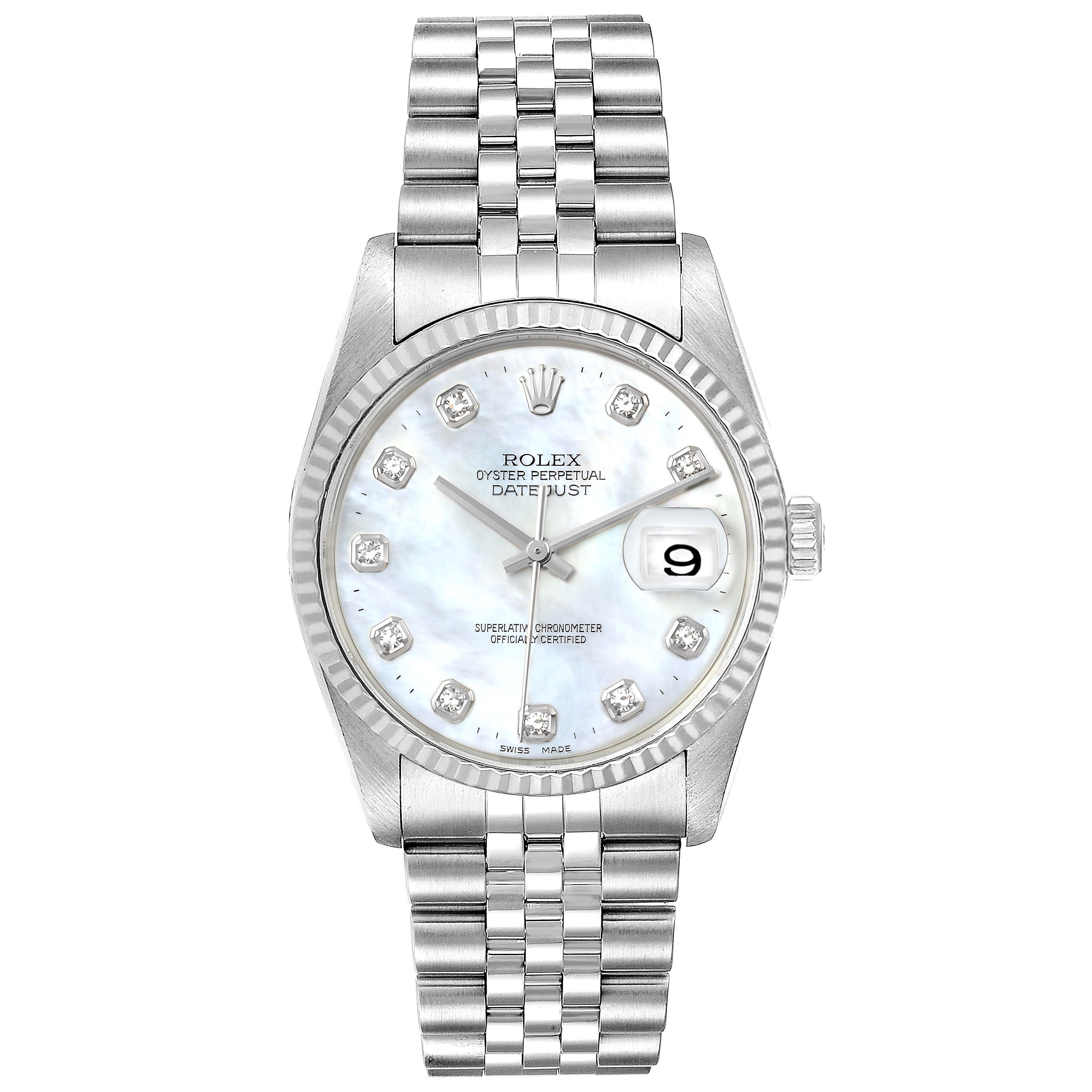 The image shows a Rolex Datejust 16234 Men's Stainless Steel Mother of Pearl Dial 16234 Men's Stainless Steel Mother of Pearl Dial watch, viewed from the front, displaying the dial, bracelet, crown, and fluted bezel.
