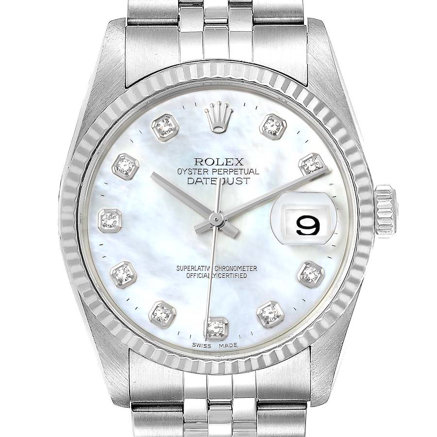 This is a front view of the Rolex Datejust 16234 Men's Stainless Steel Mother of Pearl Dial 16234 Men's Stainless Steel Mother of Pearl Dial watch, showing the dial, bezel, crown, and bracelet.