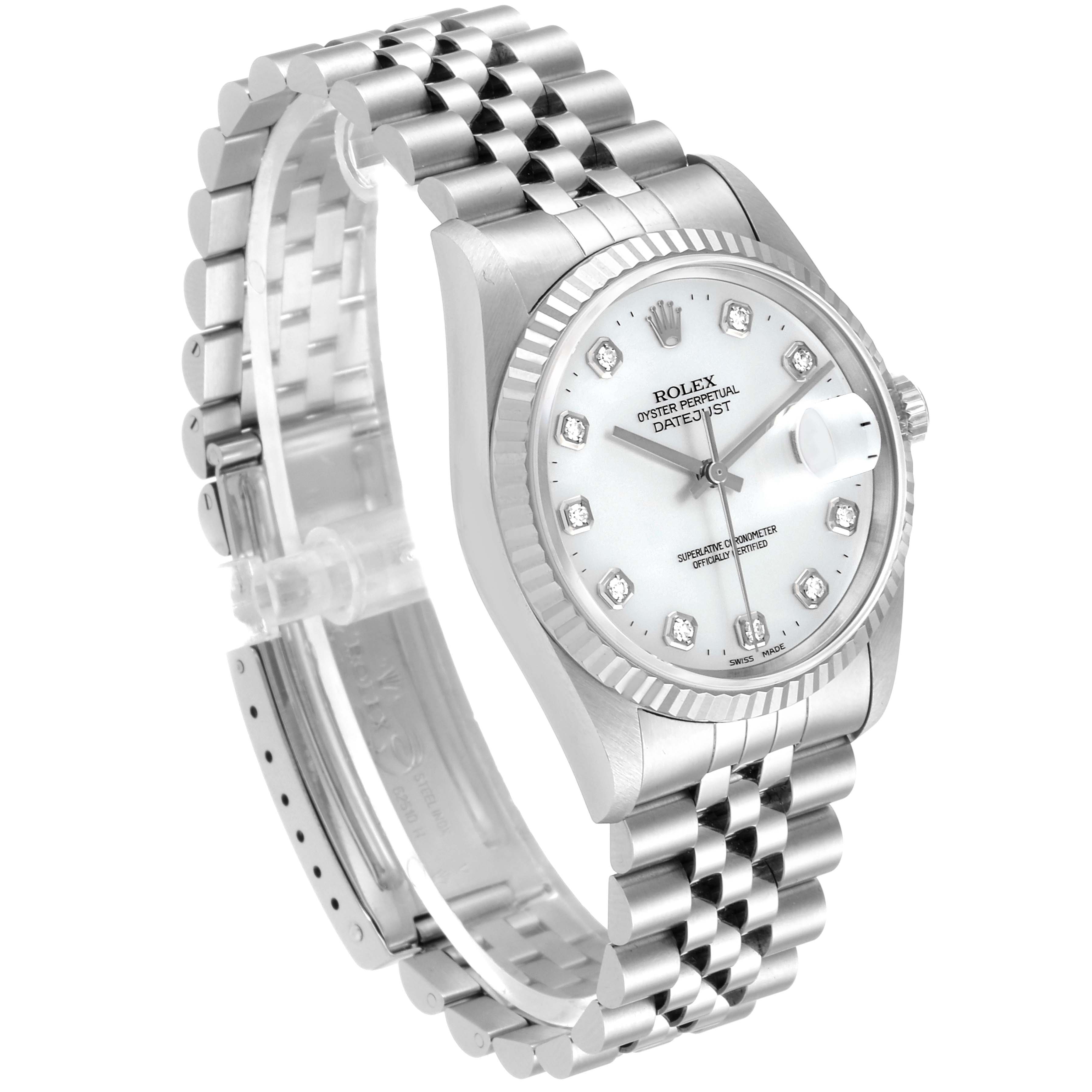 The Rolex Datejust 16234 Men's Stainless Steel Mother of Pearl Dial 16234 Men's Stainless Steel Mother of Pearl Dial watch is shown from an angled side view, displaying the dial, case, bezel, and bracelet.