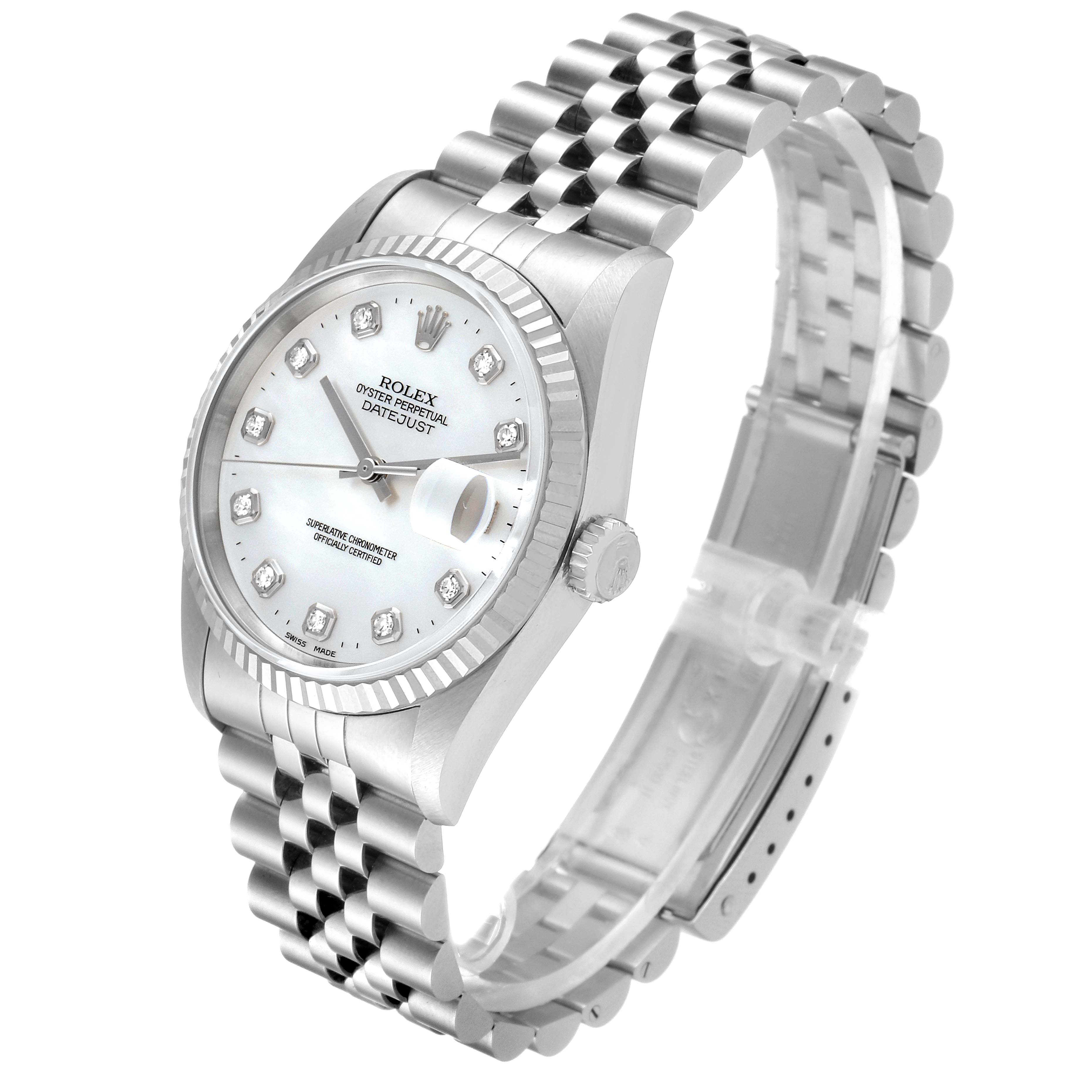 The image shows a Rolex Datejust 16234 Men's Stainless Steel Mother of Pearl Dial 16234 Men's Stainless Steel Mother of Pearl Dial watch at a slight angle, highlighting the face, bezel, and Jubilee bracelet.