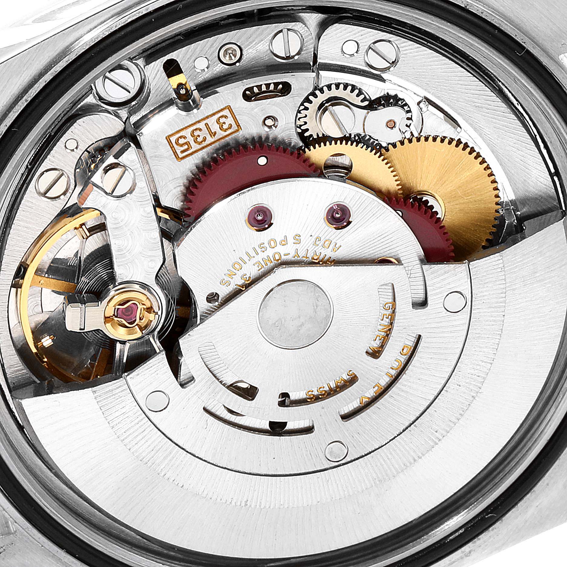 This image shows a close-up view of the internal mechanism of a Rolex Datejust 16234 Men's Stainless Steel Mother of Pearl Dial 16234 Men's Stainless Steel Mother of Pearl Dial watch, highlighting gears and components.