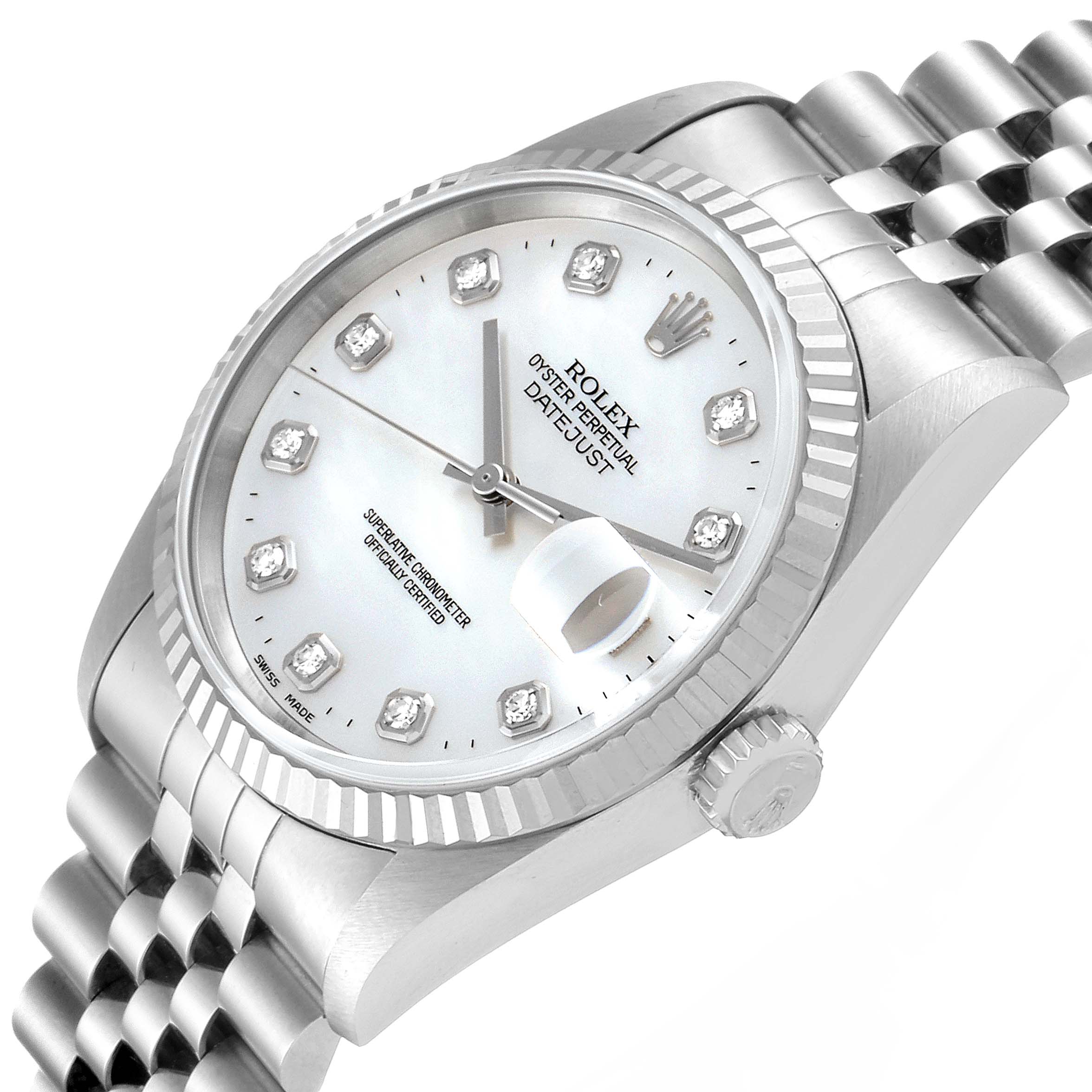 This image shows a Rolex Datejust 16234 Men's Stainless Steel Mother of Pearl Dial 16234 Men's Stainless Steel Mother of Pearl Dial watch at an angle highlighting the face, dial, crown, fluted bezel, and part of the bracelet.