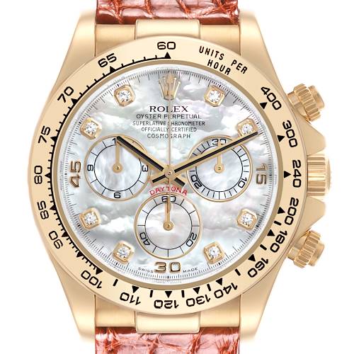 The Rolex Daytona 116518 Men's Yellow Gold Mother of Pearl Dial 116518 Men's Yellow Gold Mother of Pearl Dial watch is shown from a front angle, displaying its face, bezel, crown, and pushers in detail.