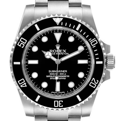 This image shows a front view of a stainless steel Rolex Submariner 114060 Men's Stainless Steel Black Dial 114060 Men's Stainless Steel Black Dial watch including the bezel, dial, and bracelet.