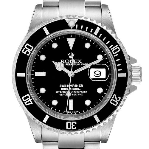 This image shows a front view of a Rolex Submariner 16610 Men's Stainless Steel Black Dial 16610 Men's Stainless Steel Black Dial watch, displaying the dial, bezel, and bracelet.