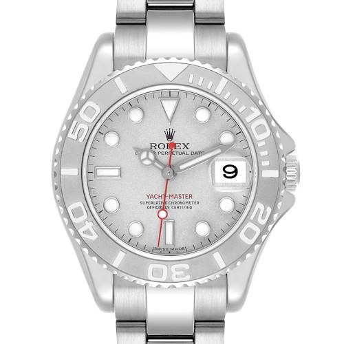 The Rolex Yacht-Master 168622 Men's Stainless Steel Silver Dial 168622 Men's Stainless Steel Silver Dial watch is shown from a frontal angle, displaying the dial, bezel, and part of the bracelet.