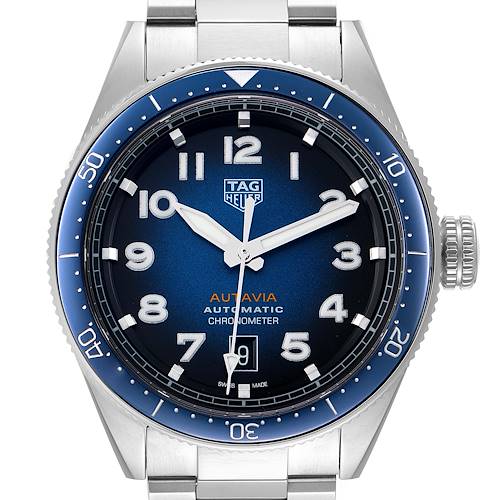 Front view showing the dial, bezel, crown, and part of the bracelet of the Tag Heuer Autavia WBE5116.EB0173 Men's Stainless Steel Blue Dial WBE5116.EB0173 Men's Stainless Steel Blue Dial model.