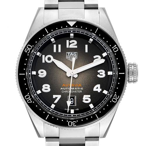 This image shows a front view of the Tag Heuer Autavia WBE5114.EB0173 Men's Stainless Steel Brown Dial WBE5114.EB0173 Men's Stainless Steel Brown Dial watch, highlighting the dial, bezel, crown, and part of the bracelet.