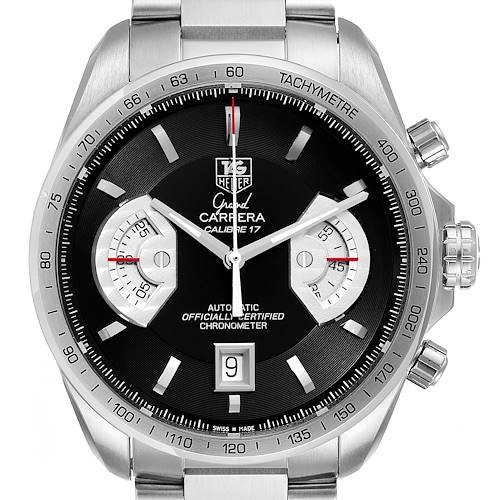 The image shows a front view of the Tag Heuer Carrera CAV511A Men's Stainless Steel Black Dial CAV511A Men's Stainless Steel Black Dial watch, highlighting its dial, chronograph subdials, and date window.