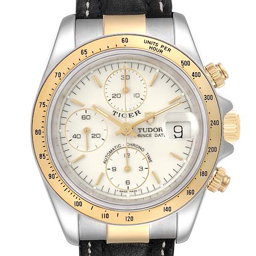The image shows a front view of the Tudor Tiger 79263 Men's Steel and Gold (two tone) White Dial 79263 Men's Steel and Gold (two tone) White Dial model watch, highlighting the dial, bezel, and chronograph subdials.