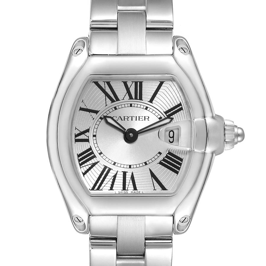 This image shows a front angle of the Cartier Roadster W62016V3 Women's Stainless Steel Silver Dial W62016V3 Women's Stainless Steel Silver Dial watch, highlighting the dial, hands, and part of the bracelet.