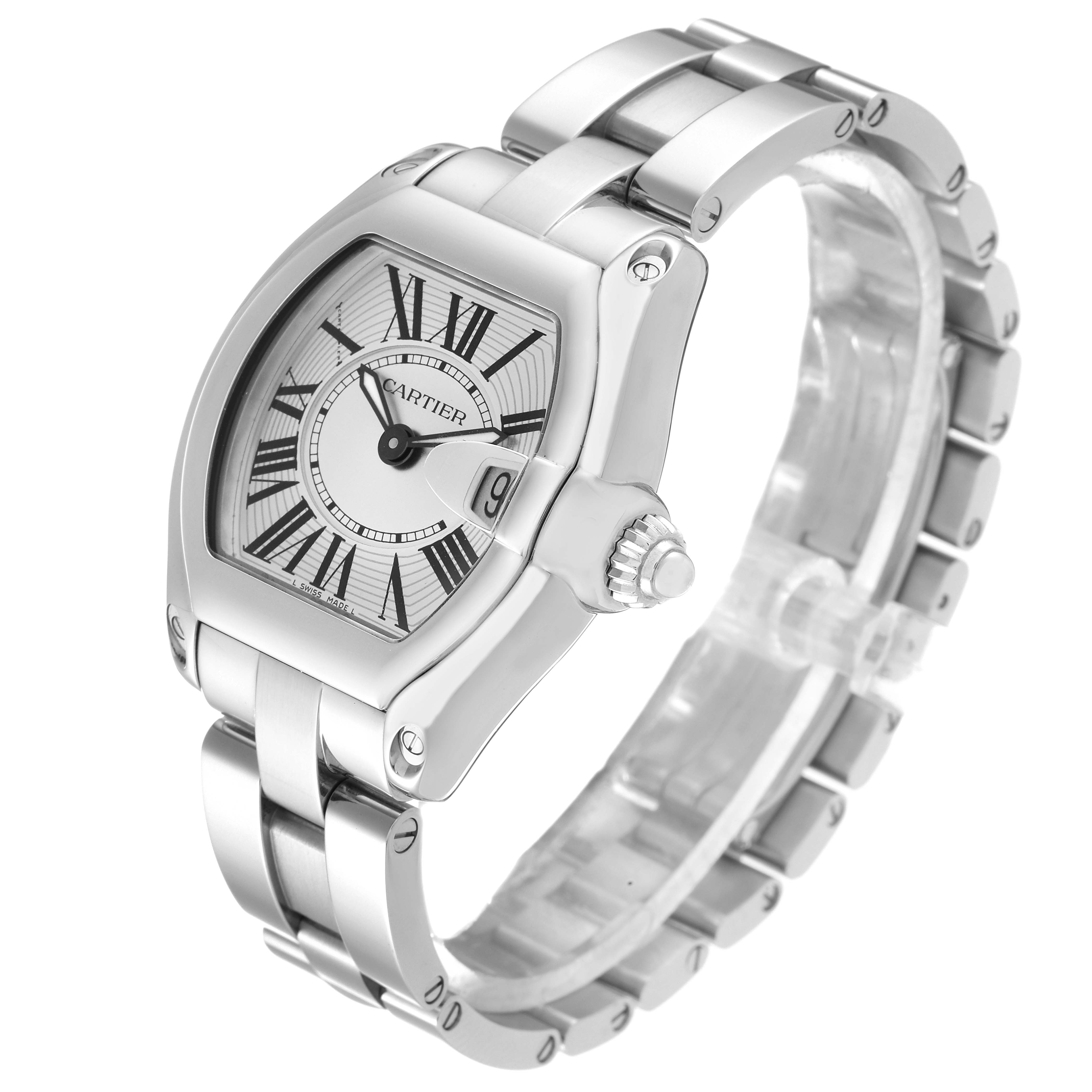 The Cartier Roadster W62016V3 Women's Stainless Steel Silver Dial W62016V3 Women's Stainless Steel Silver Dial watch is shown at a three-quarter angle, highlighting the case, bracelet, and crown.