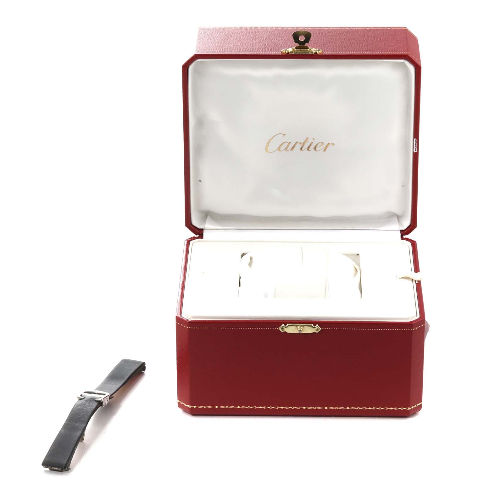 The image shows a Cartier Roadster W62016V3 Women's Stainless Steel Silver Dial W62016V3 Women's Stainless Steel Silver Dial watch box, open to reveal its interior, with an additional watch strap placed beside it.