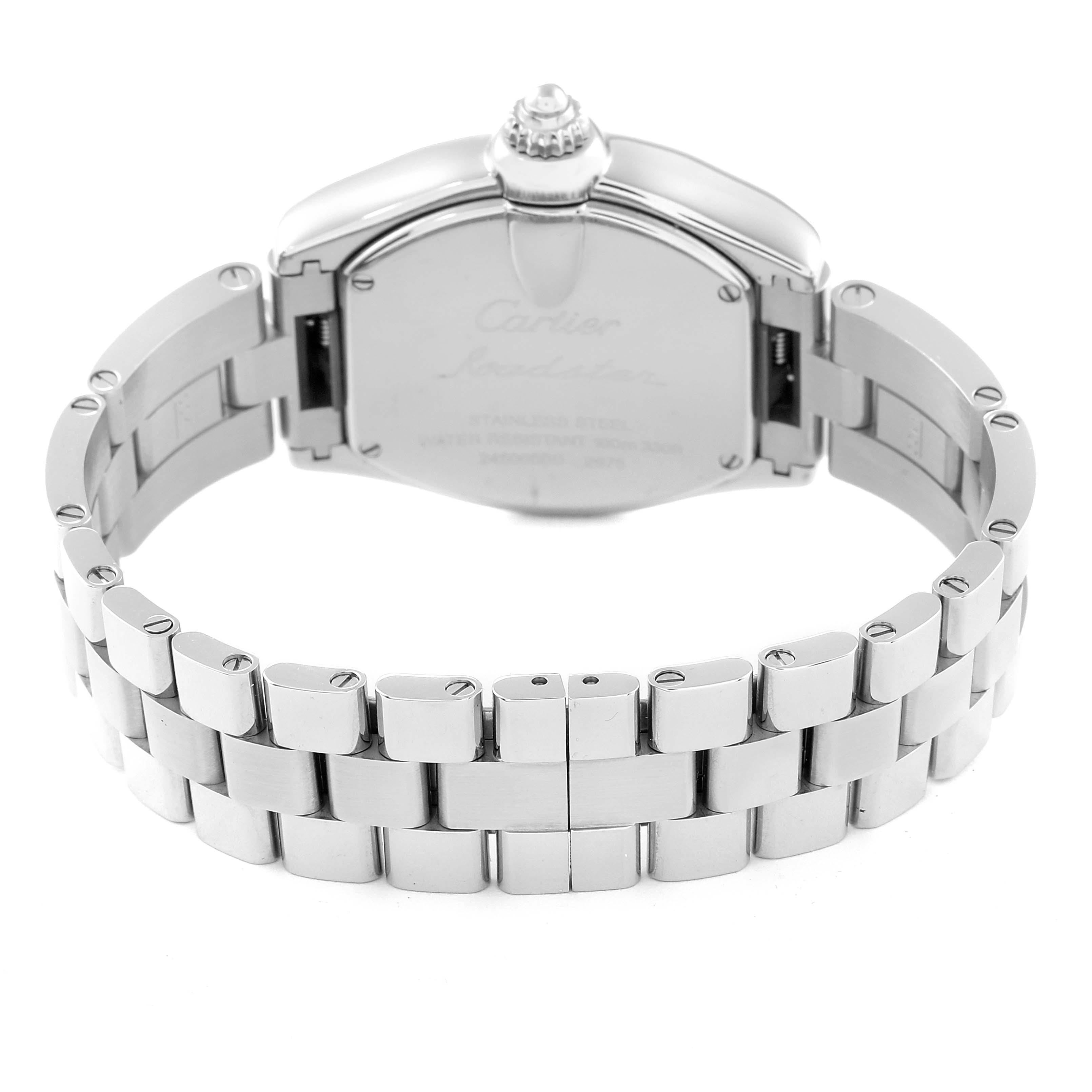 This image shows the back view of the Cartier Roadster W62016V3 Women's Stainless Steel Silver Dial W62016V3 Women's Stainless Steel Silver Dial watch, highlighting the caseback and metal bracelet.