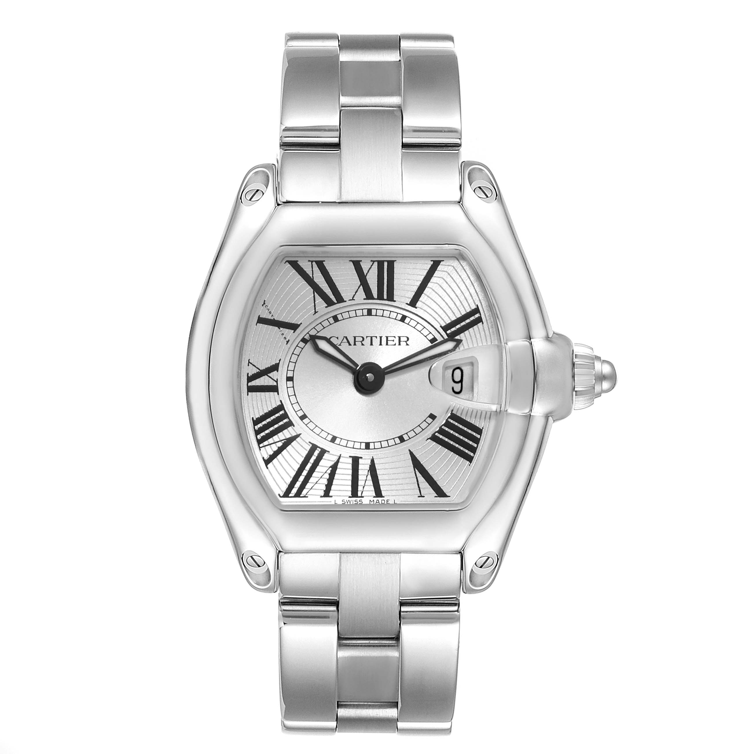 This is a front view of the Cartier Roadster W62016V3 Women's Stainless Steel Silver Dial W62016V3 Women's Stainless Steel Silver Dial watch showing the face, case, crown, and bracelet.