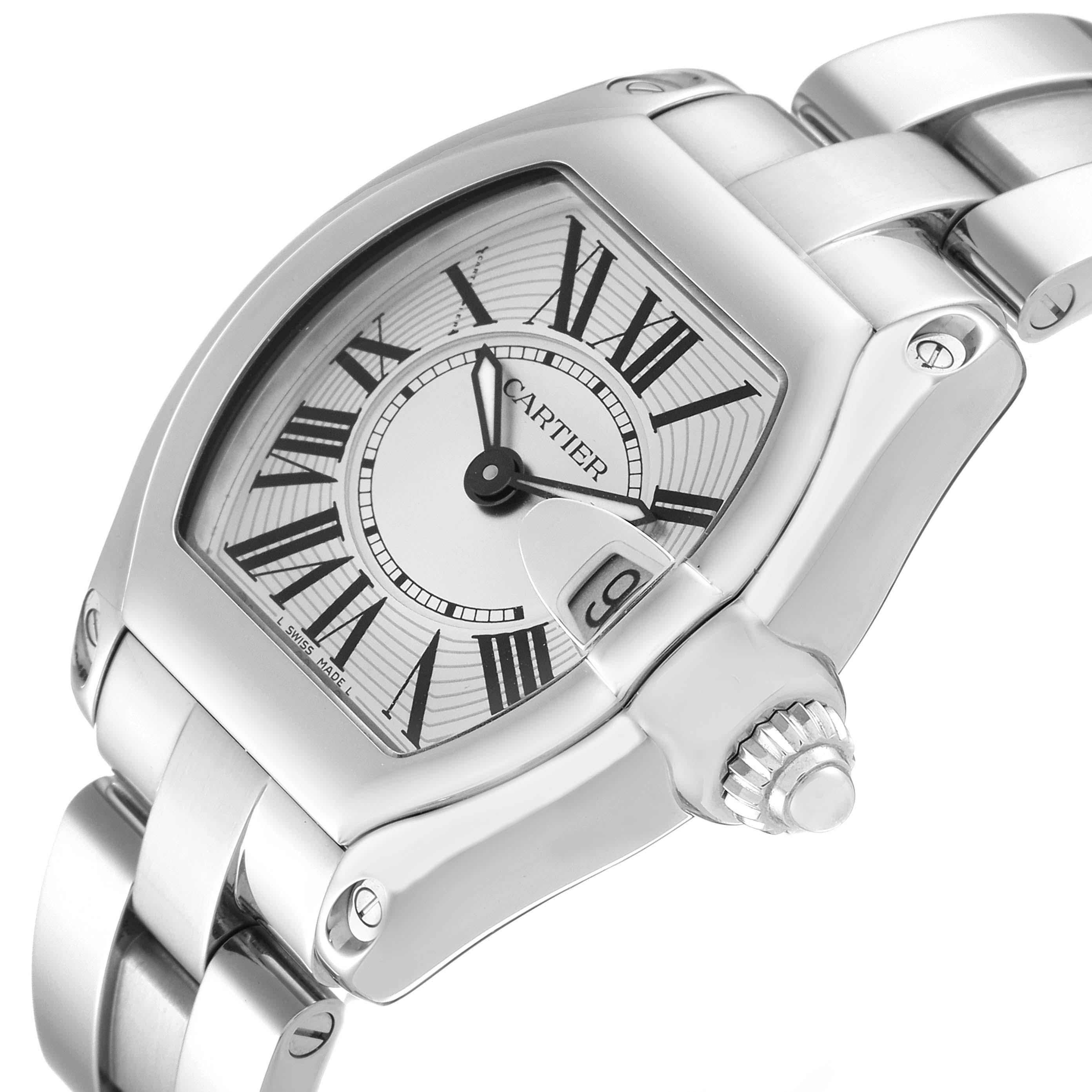 This image shows a close-up angle of the Cartier Roadster W62016V3 Women's Stainless Steel Silver Dial W62016V3 Women's Stainless Steel Silver Dial watch highlighting its dial, crown, and part of the bracelet.