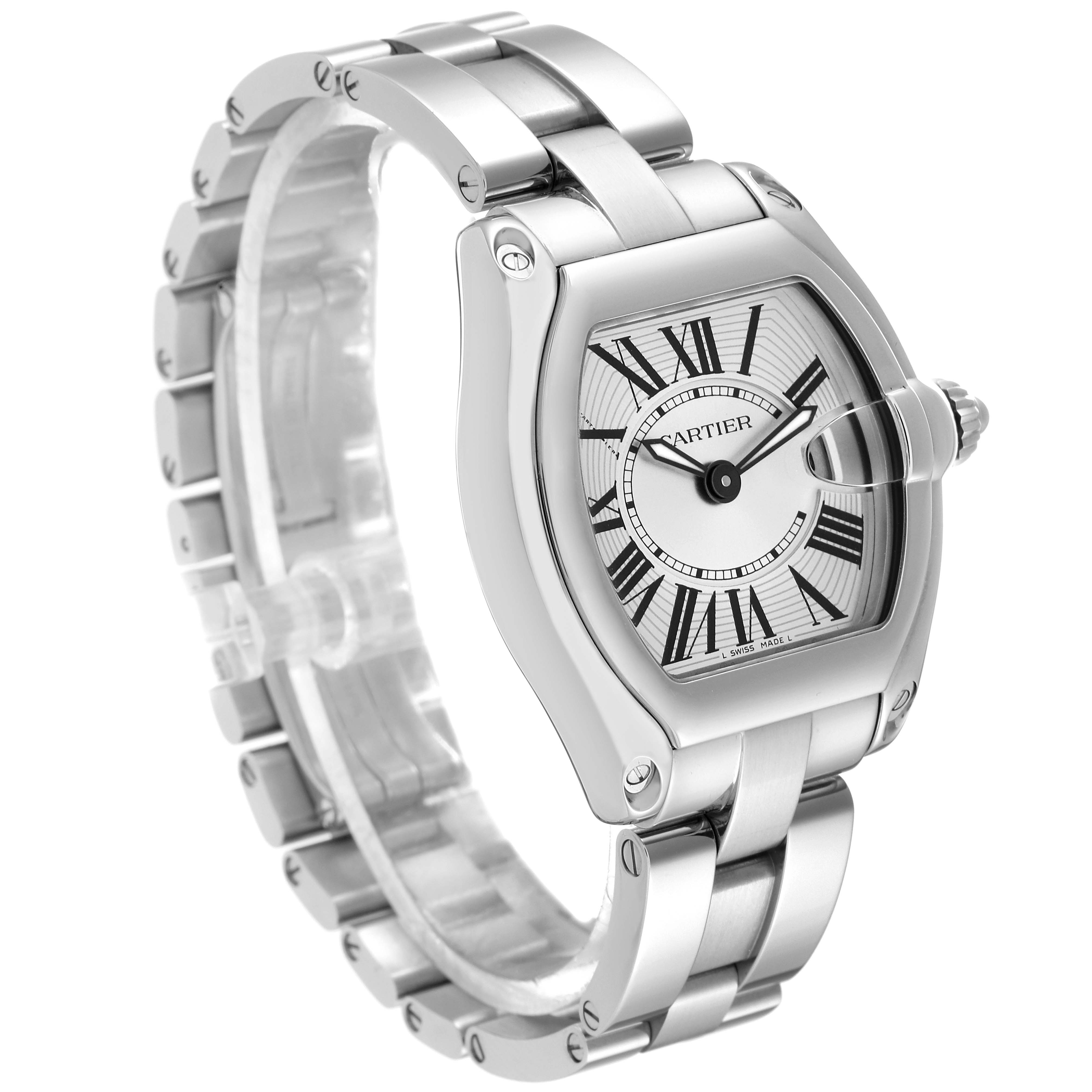 This is a Cartier Roadster W62016V3 Women's Stainless Steel Silver Dial W62016V3 Women's Stainless Steel Silver Dial watch shown at a three-quarter angle highlighting the face, case, and bracelet.