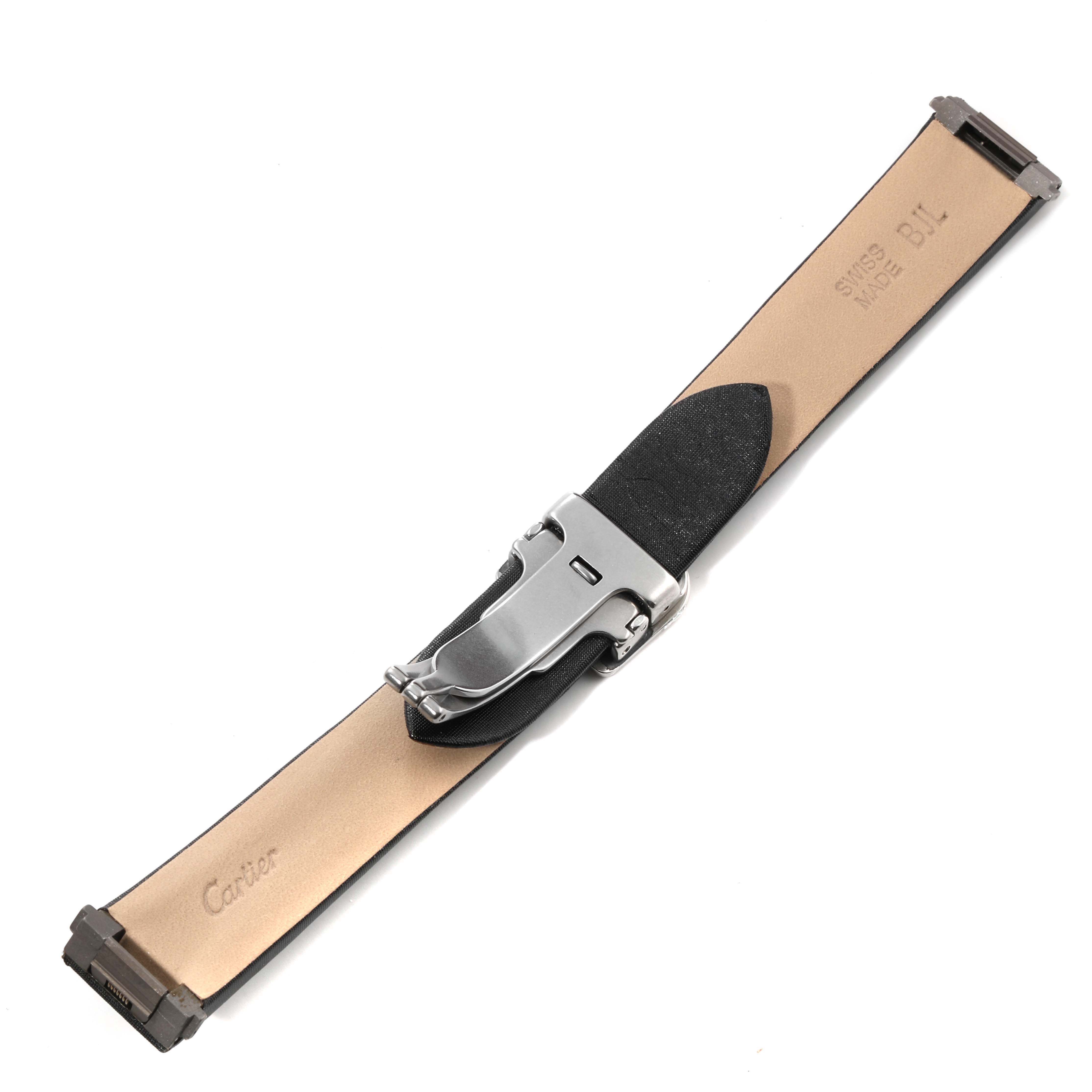 The image shows a Cartier Roadster W62016V3 Women's Stainless Steel Silver Dial W62016V3 Women's Stainless Steel Silver Dial watch strap laid flat, highlighting its clasp and leather band.