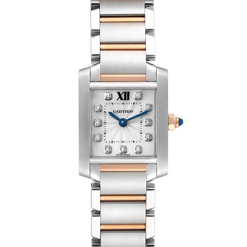 The image shows a frontal view of the Cartier Tank Francaise WE110004 Women's Steel and Gold (two tone) Silver Dial WE110004 Women's Steel and Gold (two tone) Silver Dial watch, highlighting its rectangular face and two-tone metal bracelet.