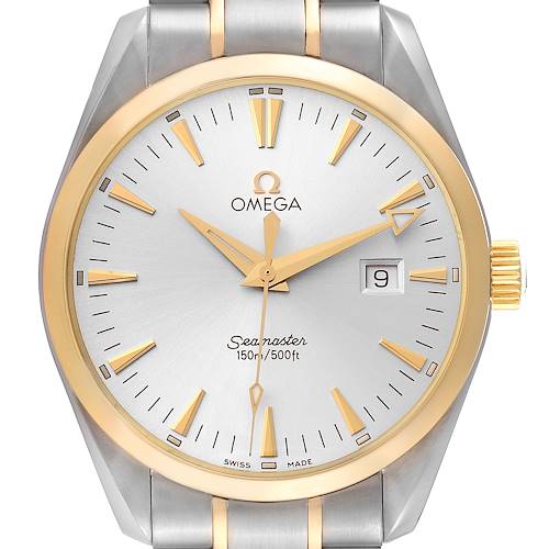 The image shows a front view of the Omega Aqua Terra 2317.30.00 Men's Steel and Gold (two tone) Silver Dial 2317.30.00 Men's Steel and Gold (two tone) Silver Dial Seamaster watch, highlighting the dial, hands, markers, and date window.
