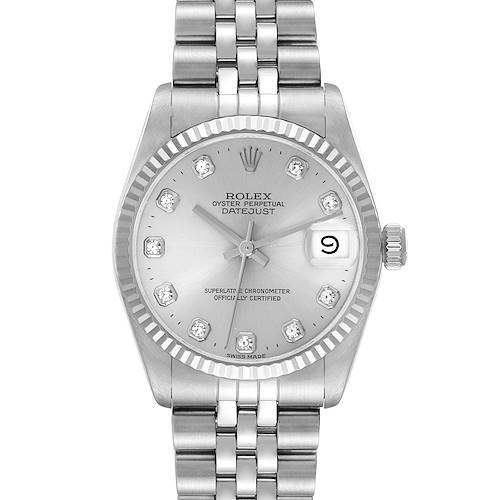 The Rolex Datejust Mid-Size watch is shown from a top-down angle, displaying the face, bezel, and bracelet.