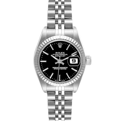 The Rolex Datejust 79174 Women's Stainless Steel Black Dial 79174 Women's Stainless Steel Black Dial watch is shown from the front, displaying the black dial, fluted bezel, and Jubilee bracelet.