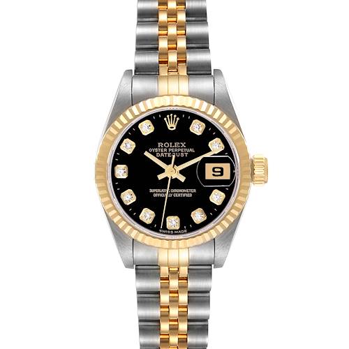 This image shows a Rolex Datejust 69173 Women's Steel and Gold (two tone) Black Dial 69173 Women's Steel and Gold (two tone) Black Dial watch from a front view, highlighting the bezel, dial, and bracelet.