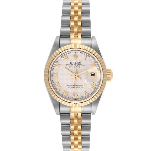 The Rolex Datejust 69173 Women's Steel and Gold (two tone) Beige Dial 69173 Women's Steel and Gold (two tone) Beige Dial watch is shown from the front, highlighting the face, bezel, and two-tone bracelet.