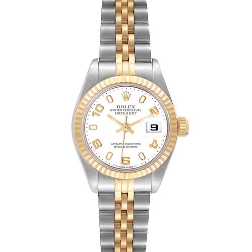 The Rolex Datejust 69173 Women's Steel and Gold (two tone) White Dial 69173 Women's Steel and Gold (two tone) White Dial watch is shown from a top-down angle, displaying the dial, bezel, and bracelet.