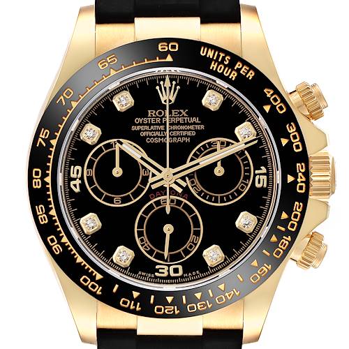 This image shows a front view of a Rolex Daytona 116518 Men's Yellow Gold Black Dial 116518 Men's Yellow Gold Black Dial watch, highlighting its dial, bezel, and chronograph subdials.