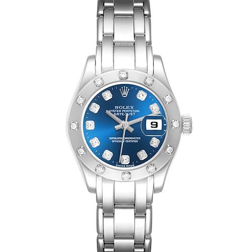 The Rolex Pearlmaster 80319 Women's White Gold Blue Dial 80319 Women's White Gold Blue Dial watch is shown from the front, displaying the face, bezel, and part of the bracelet.
