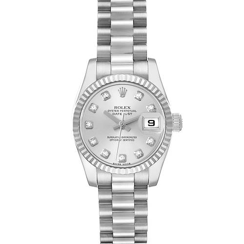 The Rolex President 179179 Women's White Gold Silver Dial 179179 Women's White Gold Silver Dial model is shown from a front angle, highlighting the dial, bracelet, and fluted bezel.