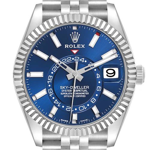 The Rolex Sky-Dweller 326934 Men's Stainless Steel Blue Dial 326934 Men's Stainless Steel Blue Dial watch is shown from the front, highlighting its blue dial, bezel, and part of the bracelet.
