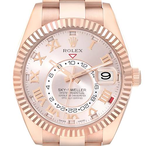 This image shows the frontal view of a Rolex Sky-Dweller 326935 Men's Rose Gold Pink Dial 326935 Men's Rose Gold Pink Dial watch, highlighting the dial, bezel, hands, and bracelet.