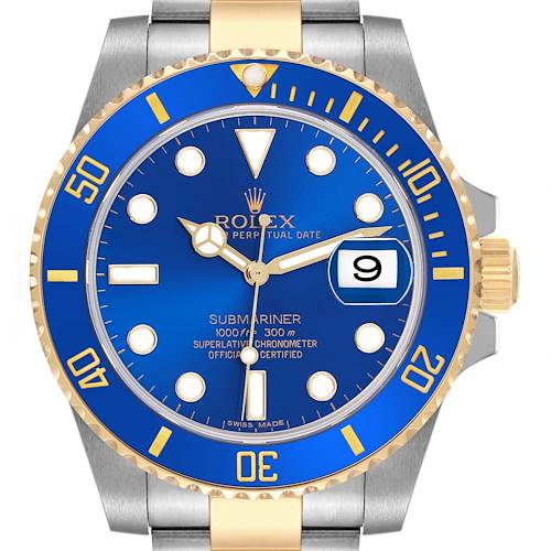 The Rolex Submariner 116613LN Men's Steel and Gold (two tone) Blue Dial 116613LN Men's Steel and Gold (two tone) Blue Dial watch is shown from the front, highlighting the dial, bezel, and crown.