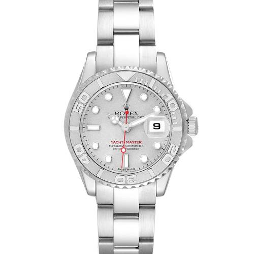 The Rolex Yacht-Master 169622 Women's Stainless Steel Silver Dial 169622 Women's Stainless Steel Silver Dial watch is shown from the front, displaying the face, bezel, and bracelet.