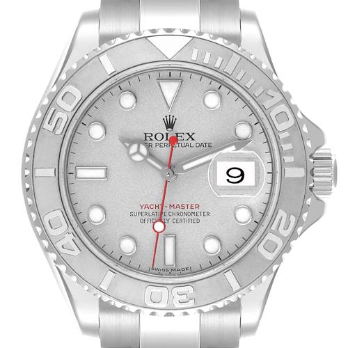 The image shows a front view of the Rolex Yacht-Master 16622 Men's Stainless Steel Silver Dial 16622 Men's Stainless Steel Silver Dial watch, highlighting the bezel, dial, and bracelet.