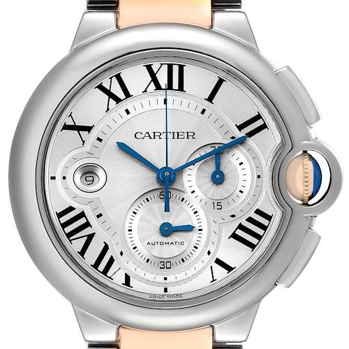 The Cartier Ballon Bleu W6920063 Men's Steel and Gold (two tone) Silver Dial watch is shown from a front angle, highlighting the face, blue hands, Roman numerals, and crown.
