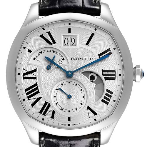 The Drive de Cartier watch is shown from a front angle highlighting its dial, hands, and crown.