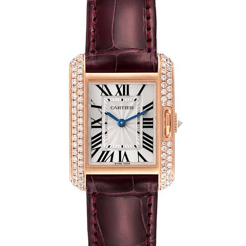 The image shows a front view of the Cartier Tank Anglaise WT100013 Women's Rose Gold Silver Dial WT100013 Women's Rose Gold Silver Dial watch, highlighting its dial, leather strap, and diamond-set case.