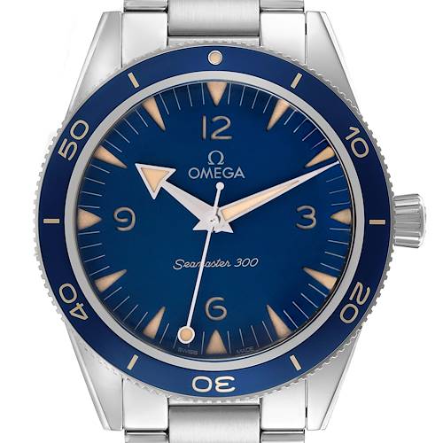 The Omega Seamaster 234.30.41.21.03.001 Men's Stainless Steel Blue Dial 234.30.41.21.03.001 Men's Stainless Steel Blue Dial watch is shown from a front angle displaying the dial, bezel, and part of the bracelet.